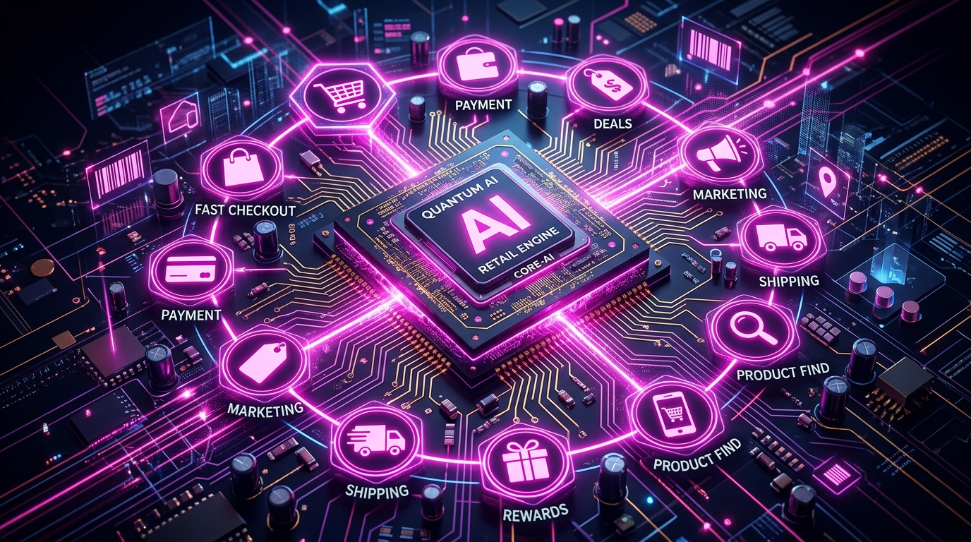AI processor chip surrounded by retail shopping data streams