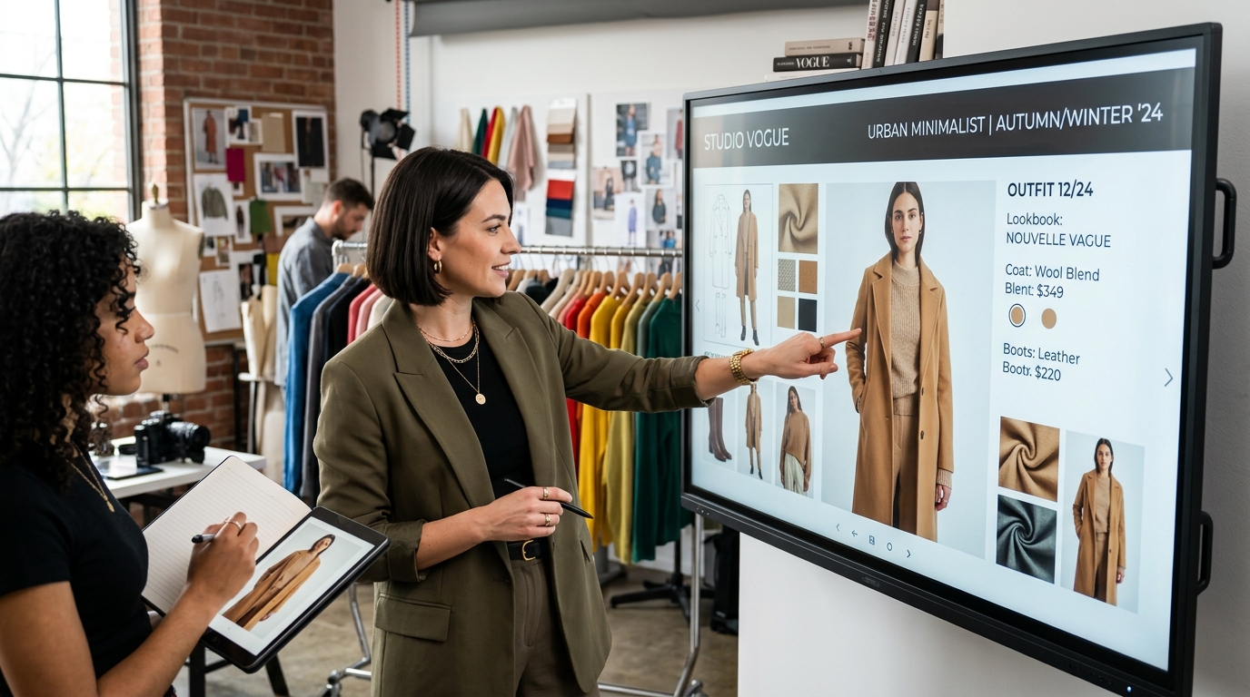 Fashion stylist reviewing a digital lookbook for ad creative selection
