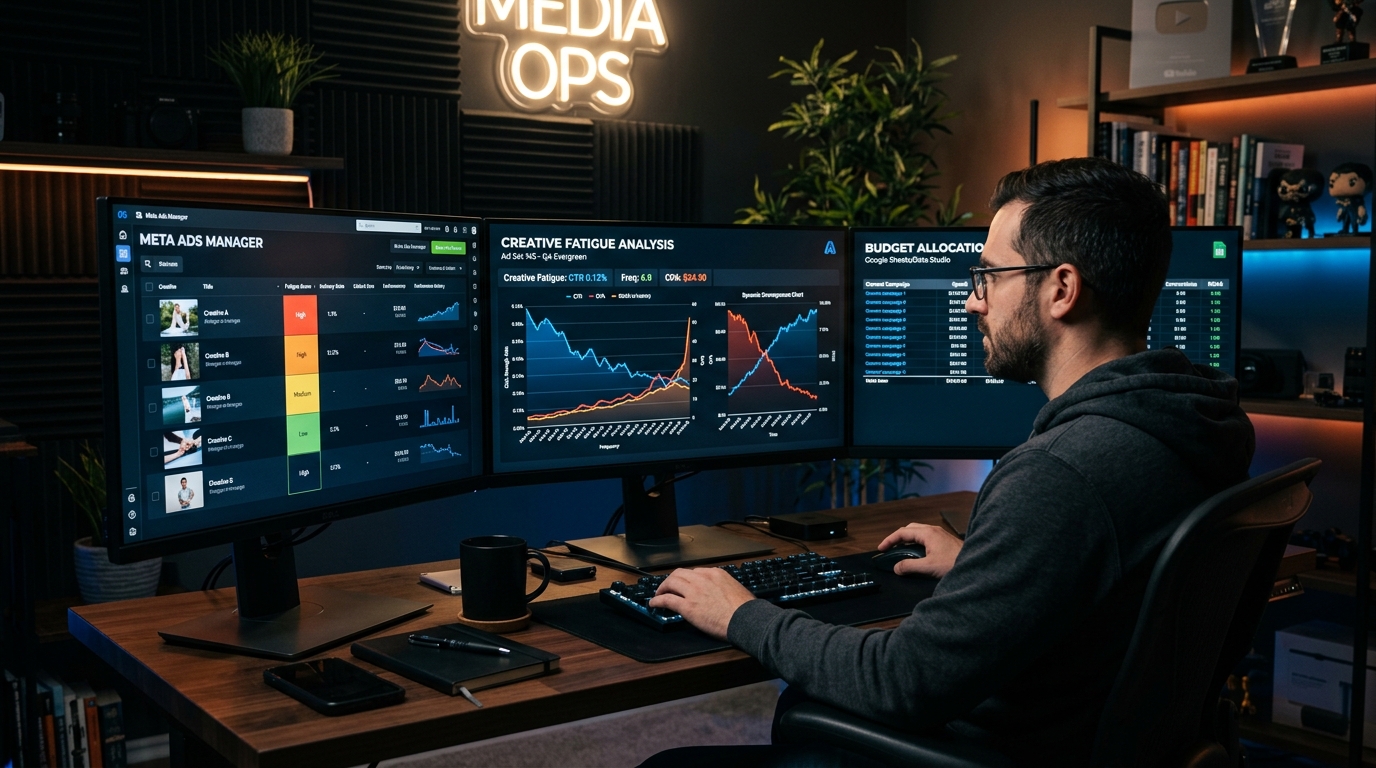 Media buyer analyzing creative fatigue metrics on a laptop in Ads Manager