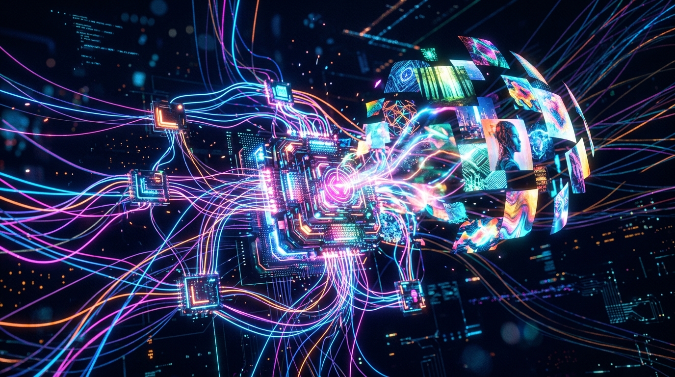 Abstract artificial intelligence node network representing automated creative generation