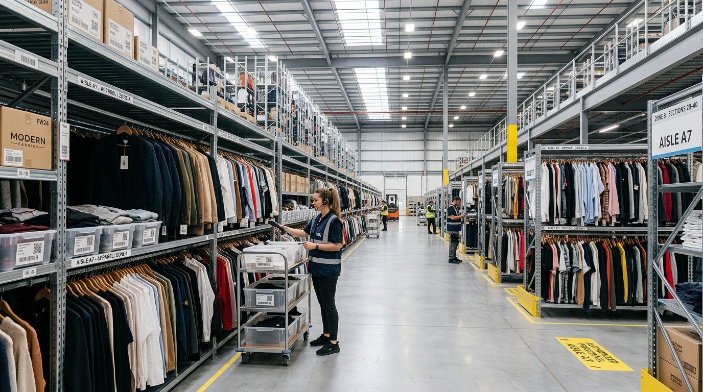 Modern warehouse with organized fashion inventory