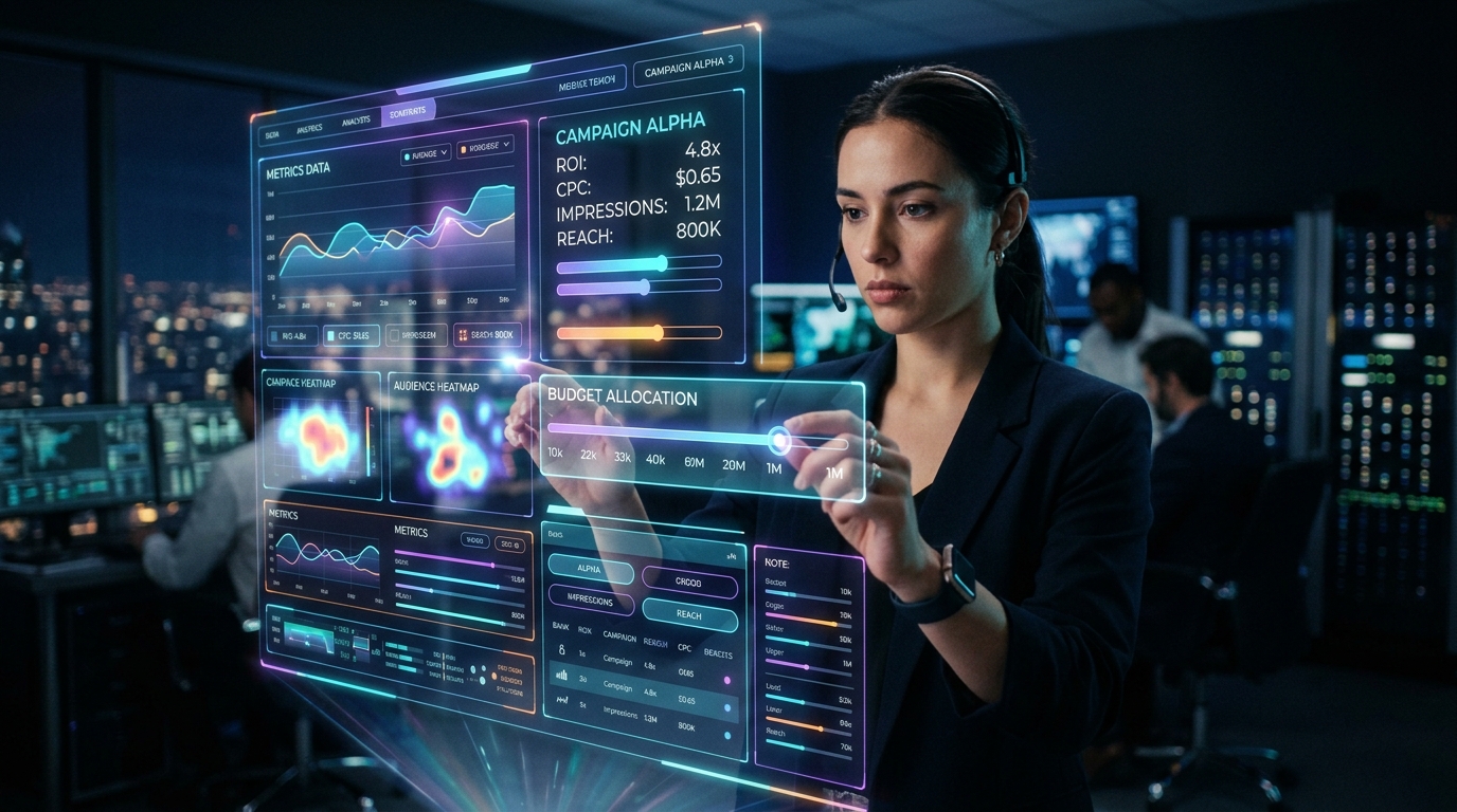 Media buyer adjusting budget sliders on a futuristic ad dashboard