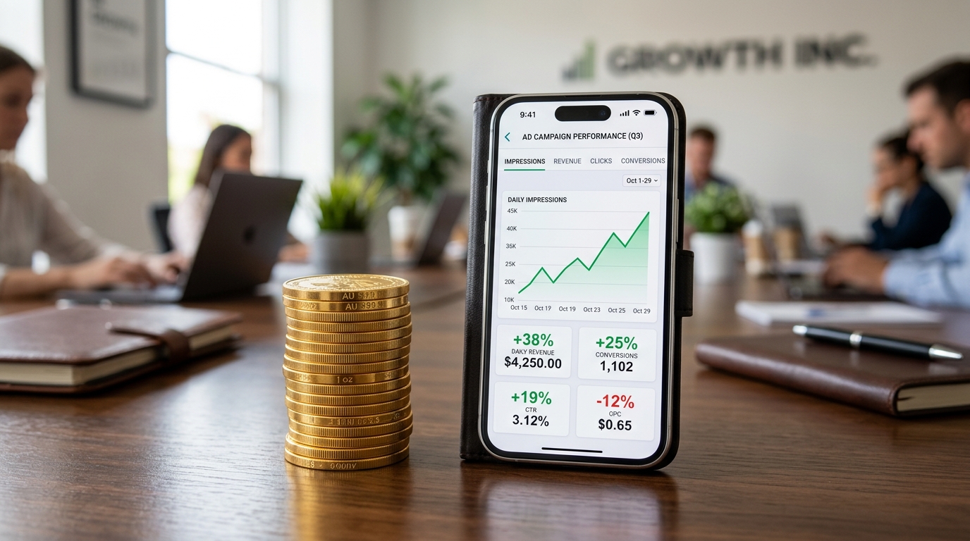 Stack of gold coins next to a smartphone showing ad performance metrics