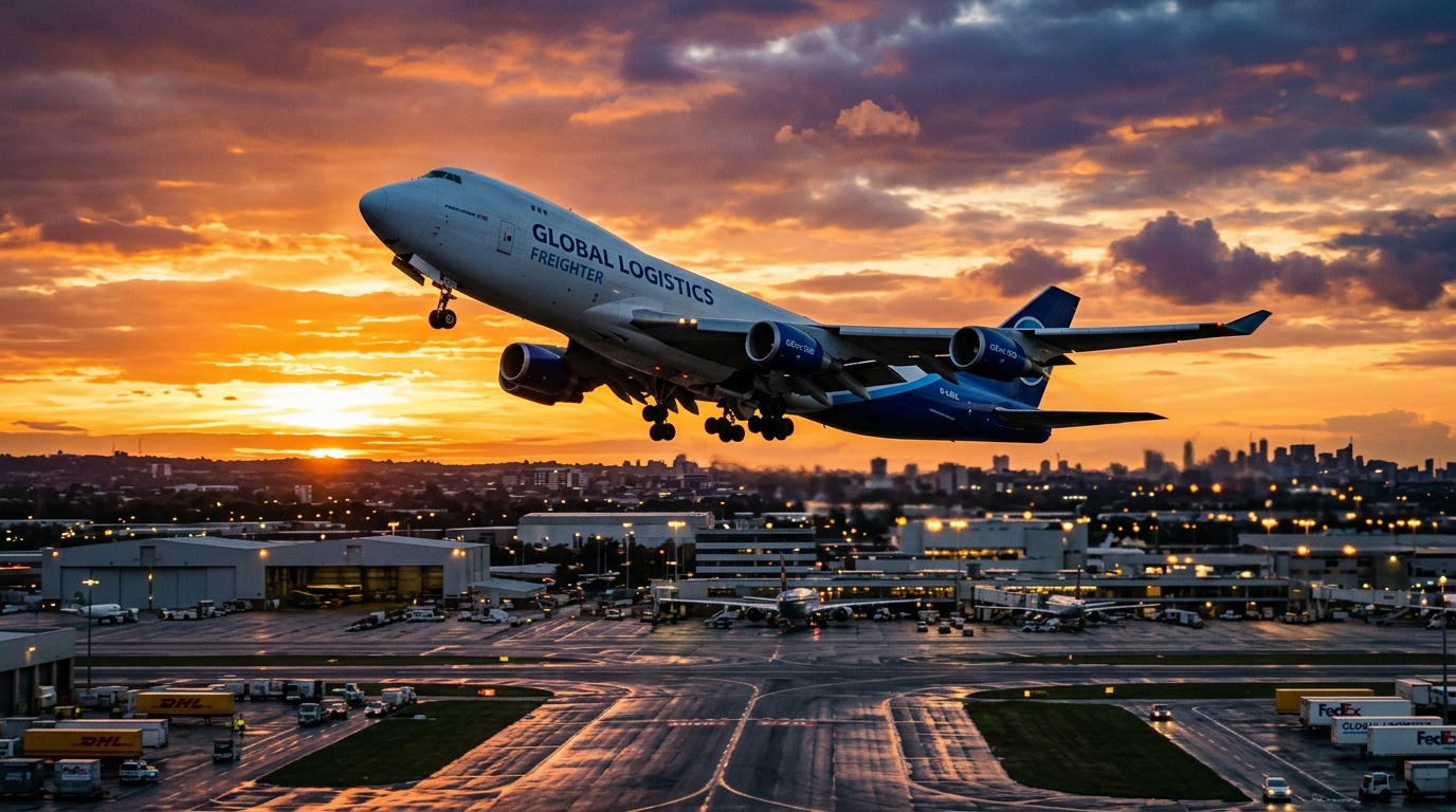 International logistics cargo plane taking off at sunset representing cross-border shipping