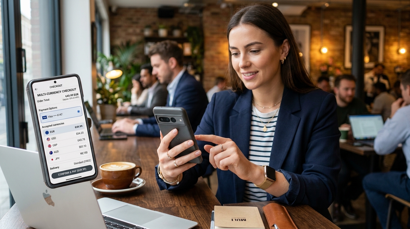 Smartphone showing multi-currency checkout screen for international e-commerce