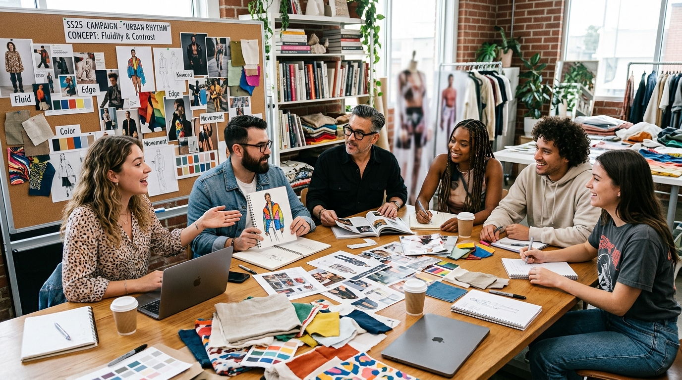 Creative team brainstorming fashion campaign concepts