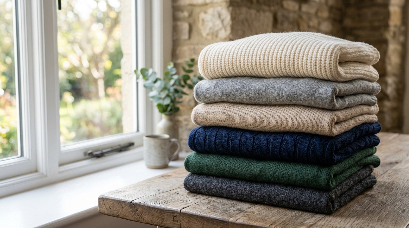 Neatly folded pile of premium knit sweaters