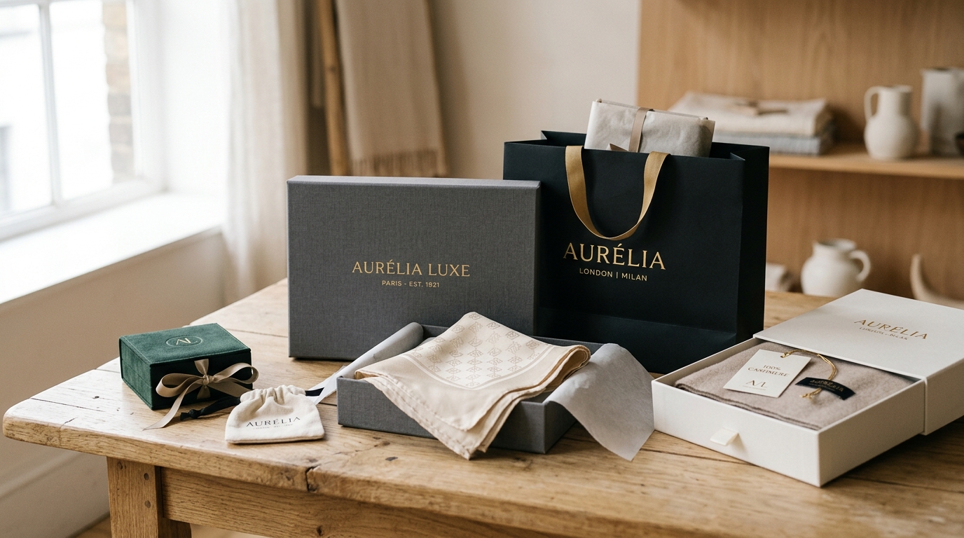 Premium fashion brand packaging on a studio table
