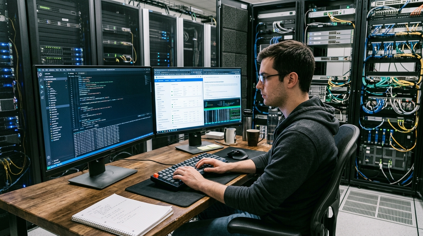Developer implementing server-side event tracking on a dual monitor setup