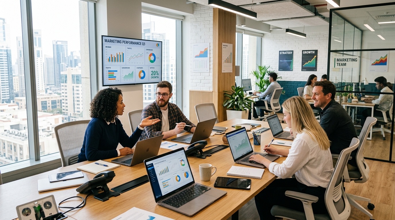 Marketing team reviewing ad creative on laptops