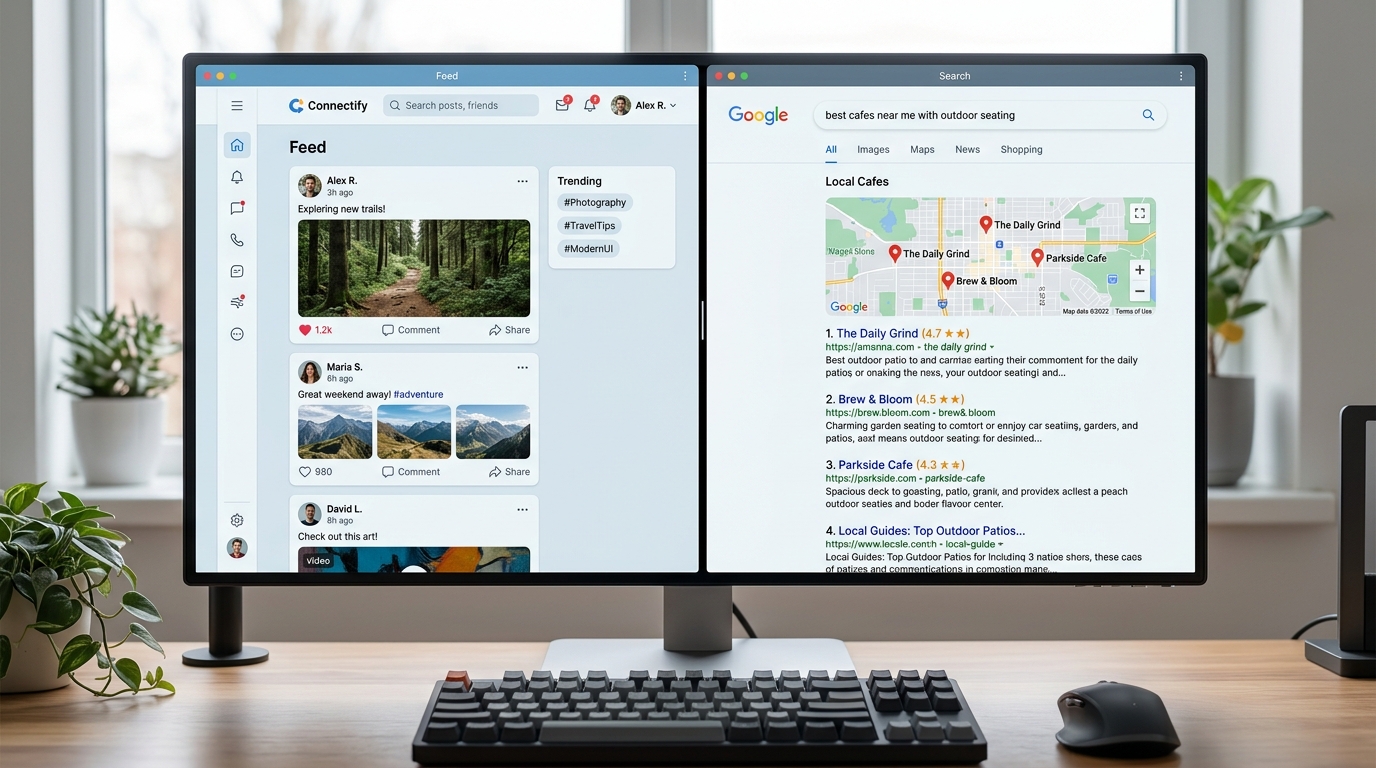 Split screen showing a social media feed and Google search results for the same brand