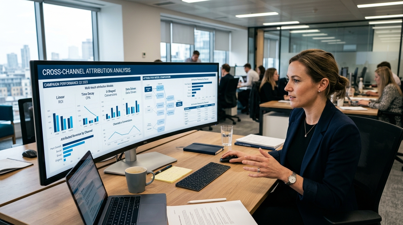 Marketing director analyzing cross-channel attribution dashboards