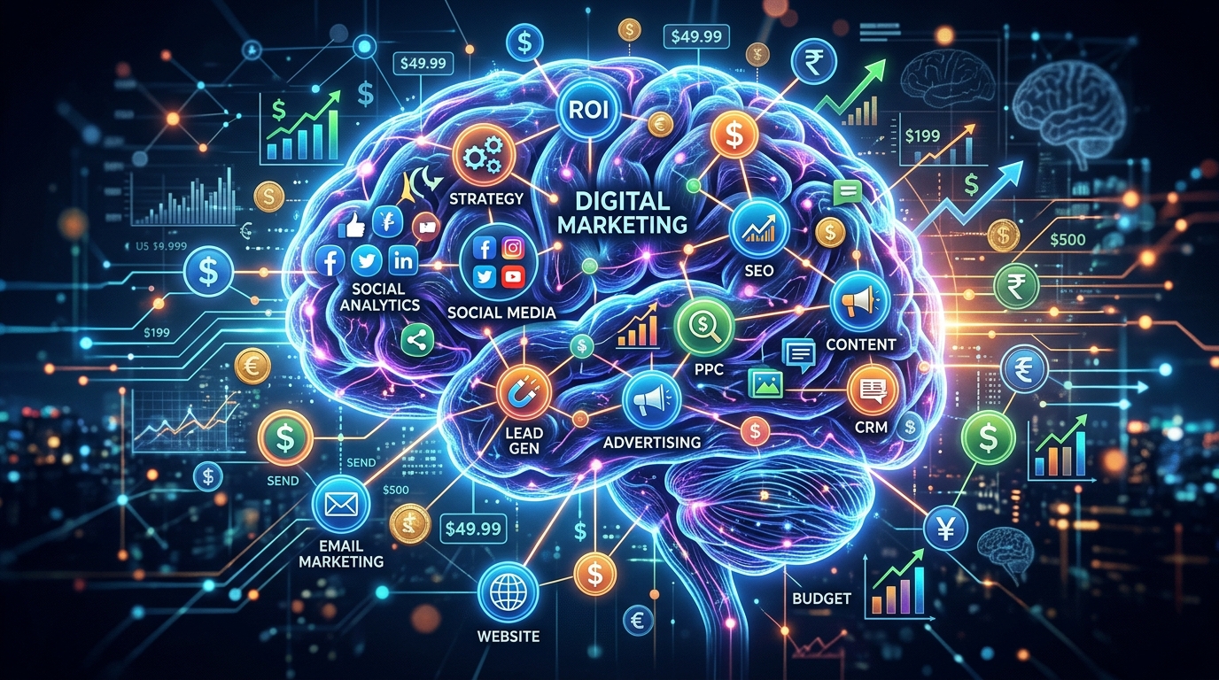 Human brain illustrated with digital marketing and pricing decision pathways