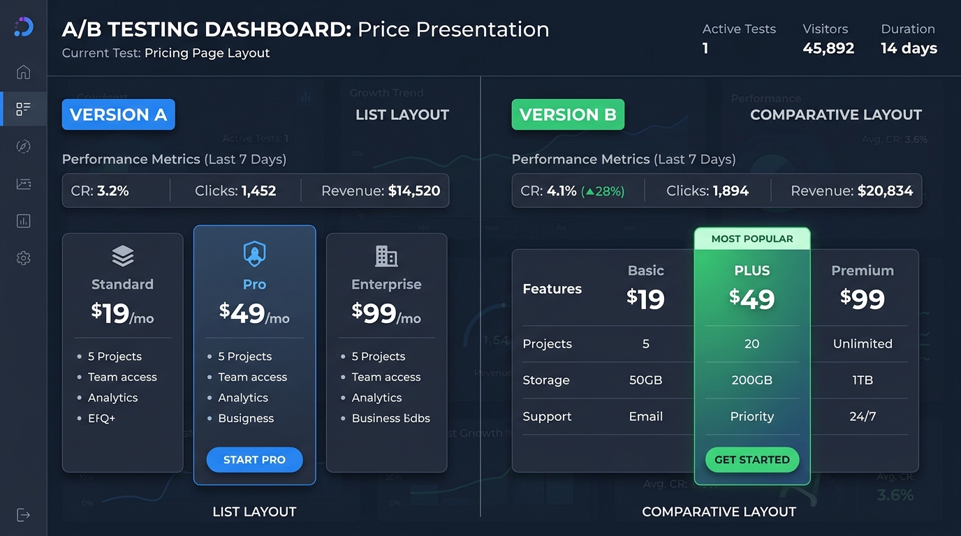 A/B testing split screen showing two different discount framings in ad creative