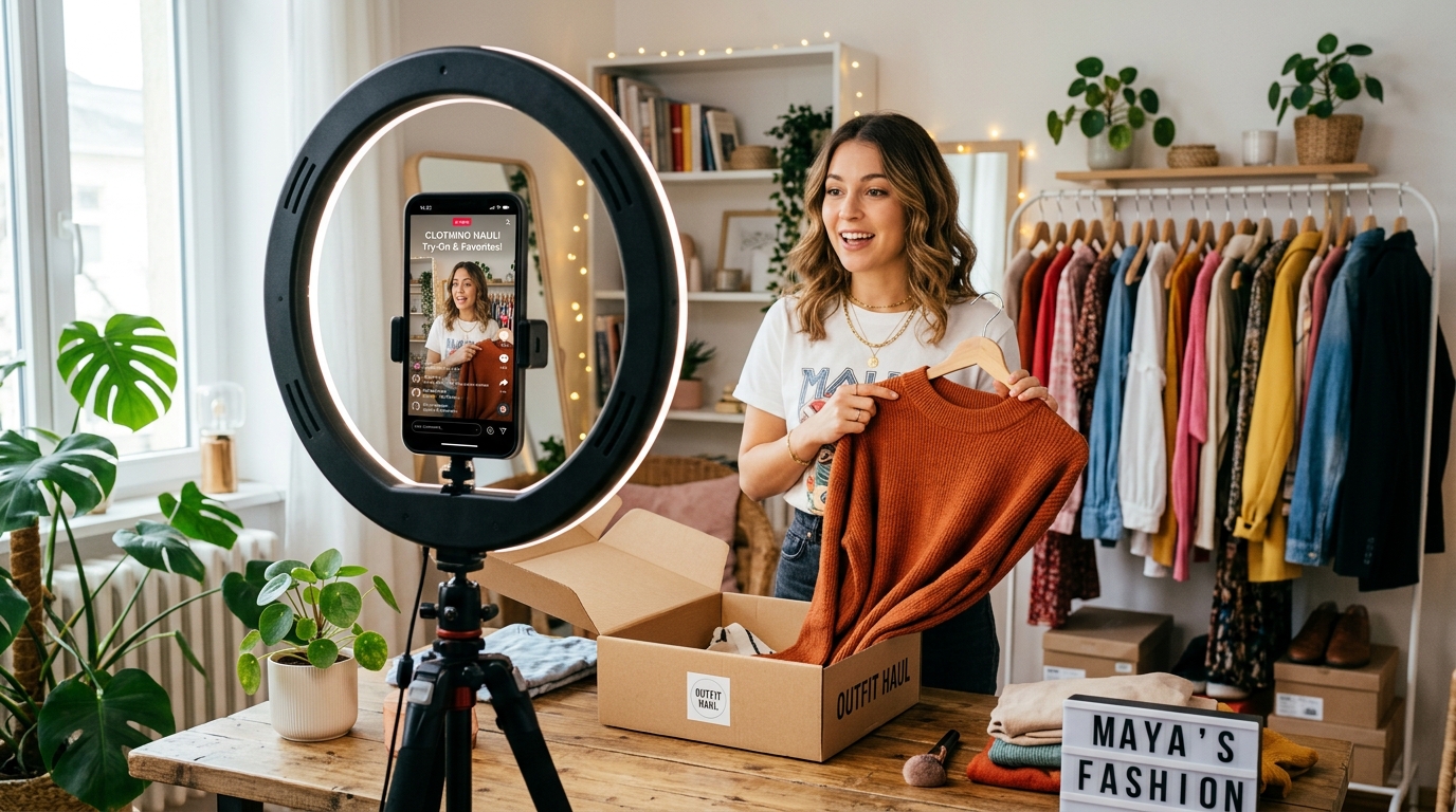 Smartphone mounted on a ring light for lo-fi UGC video recording