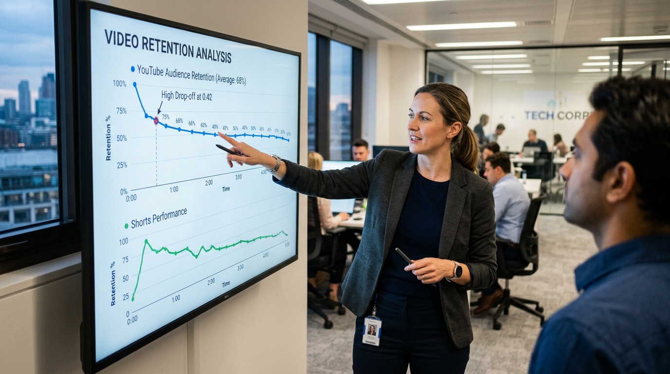 Data analyst pointing at a screen showing video engagement metrics and drop-off curves