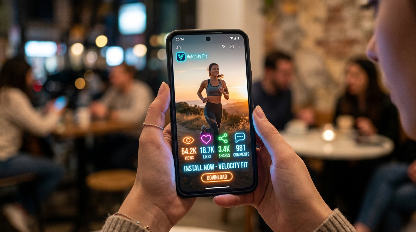 Smartphone displaying a vertical video ad in the Instagram Reels feed