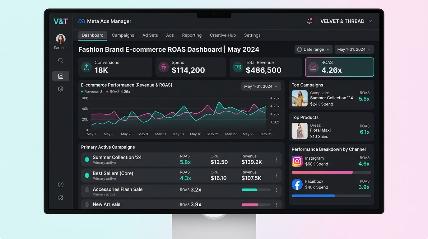 Meta ads manager dashboard for fashion brands