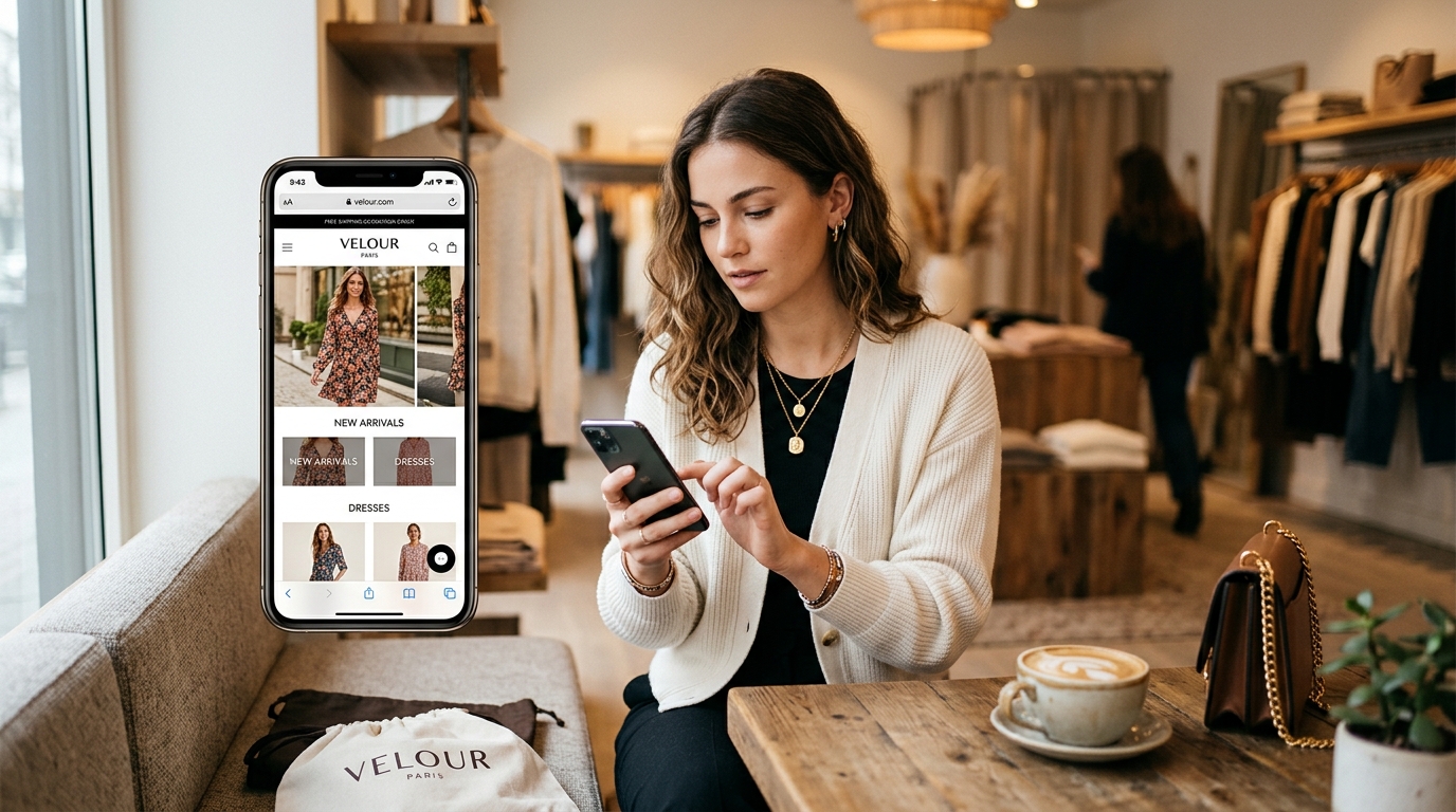 Young woman browsing fashion ecommerce on smartphone
