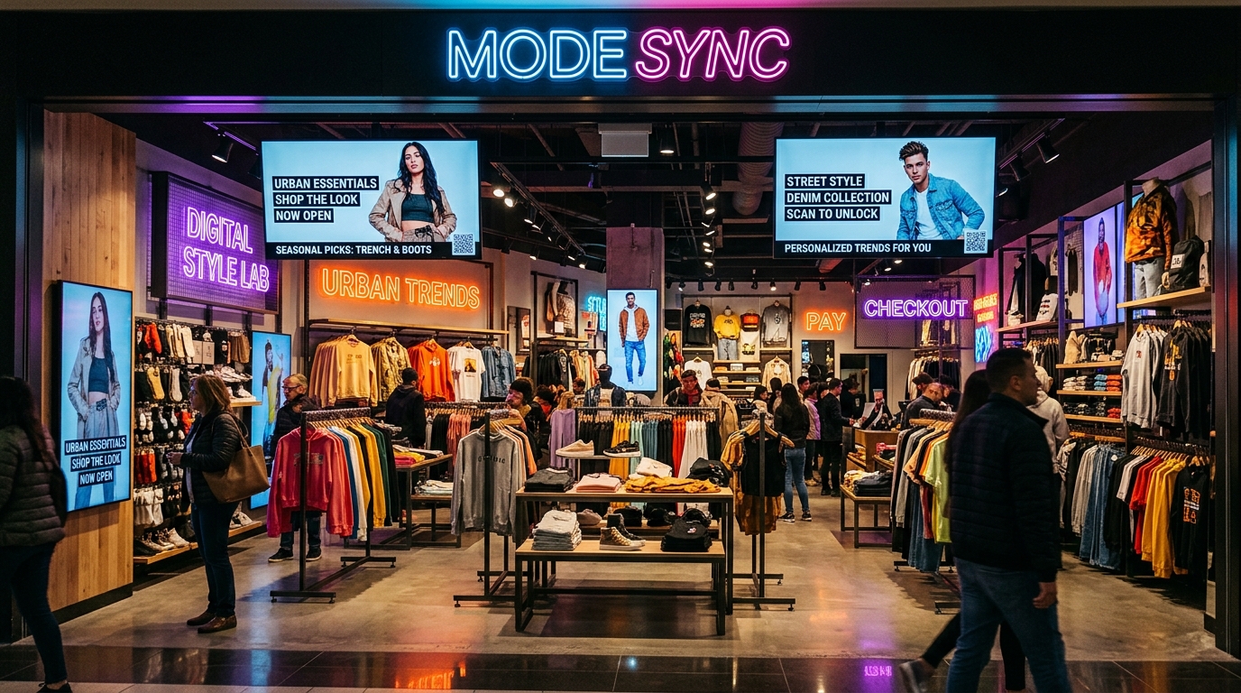 Clothing store with digital screens showing targeted fashion ads