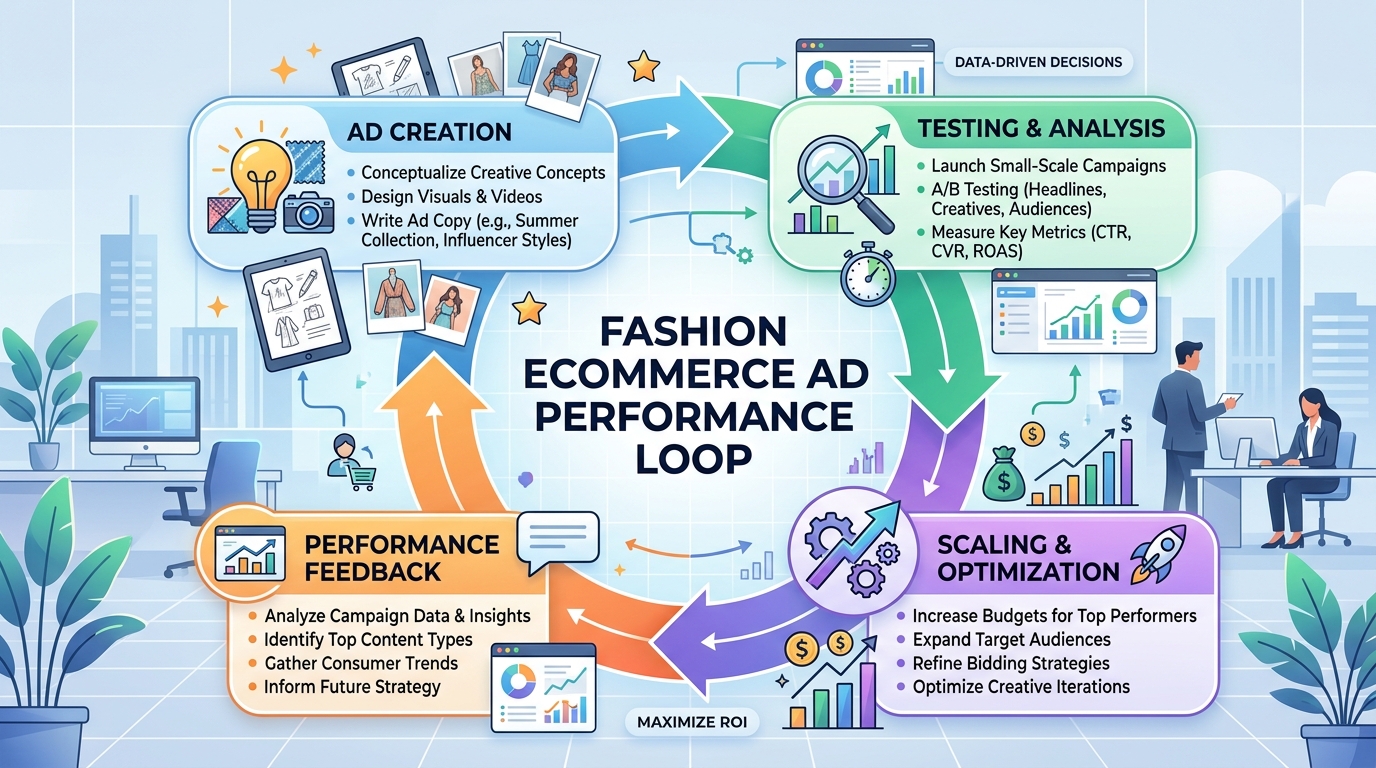 Performance loop diagram showing ad creation, testing, and scaling