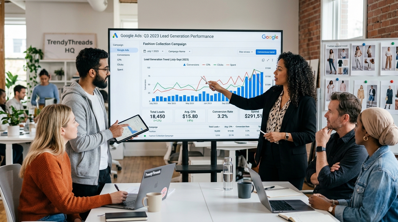 A fashion ecommerce team analyzing a Google Ads lead generation chart