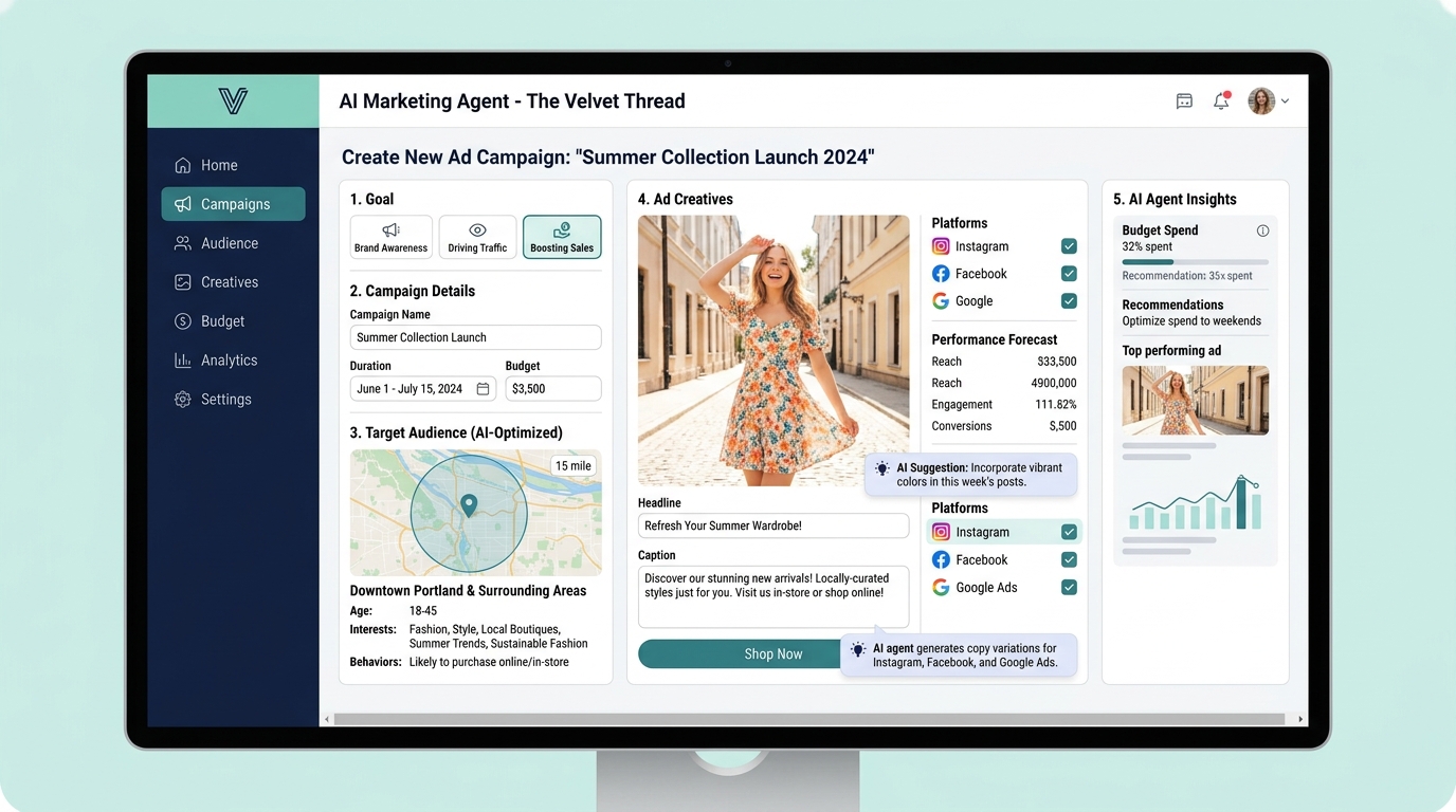 AI marketing agent interface for a local fashion business ad campaign
