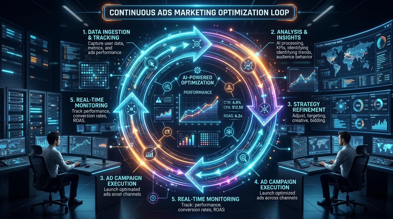 A glowing digital performance loop representing continuous ads marketing optimization