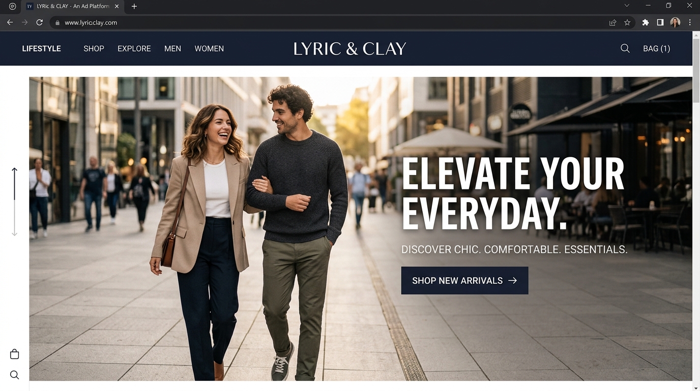 A stylish clothing brand advertisement displayed on a modern online ads platform