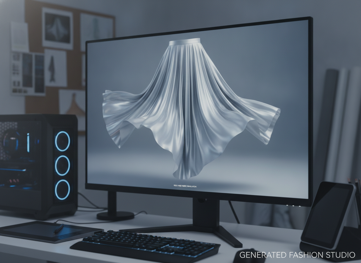 A digital fashion video of a flowing pleated skirt being generated on a monitor