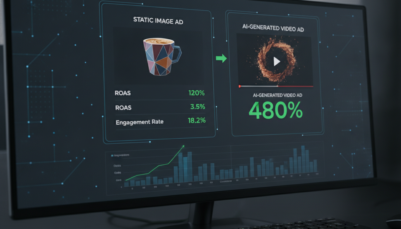 A/B test dashboard comparing static image ad performance against AI video ad performance