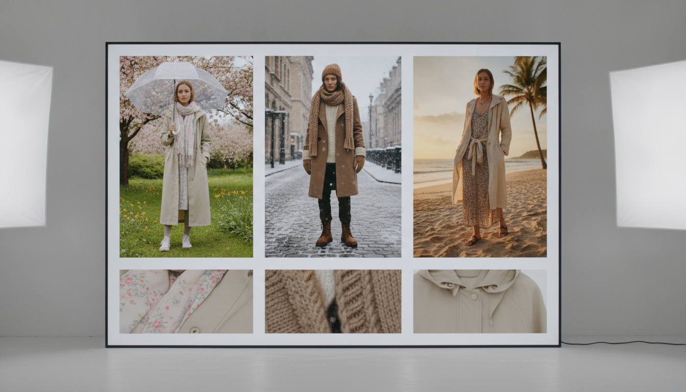 A styling matrix demonstrating one garment adapted perfectly for three different seasons