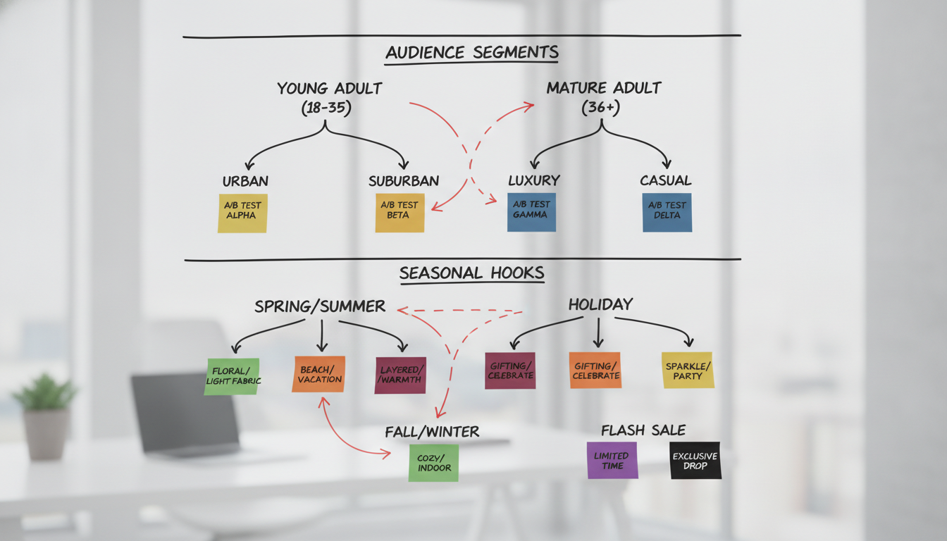 A whiteboard mapping out a creative testing matrix for one fashion SKU
