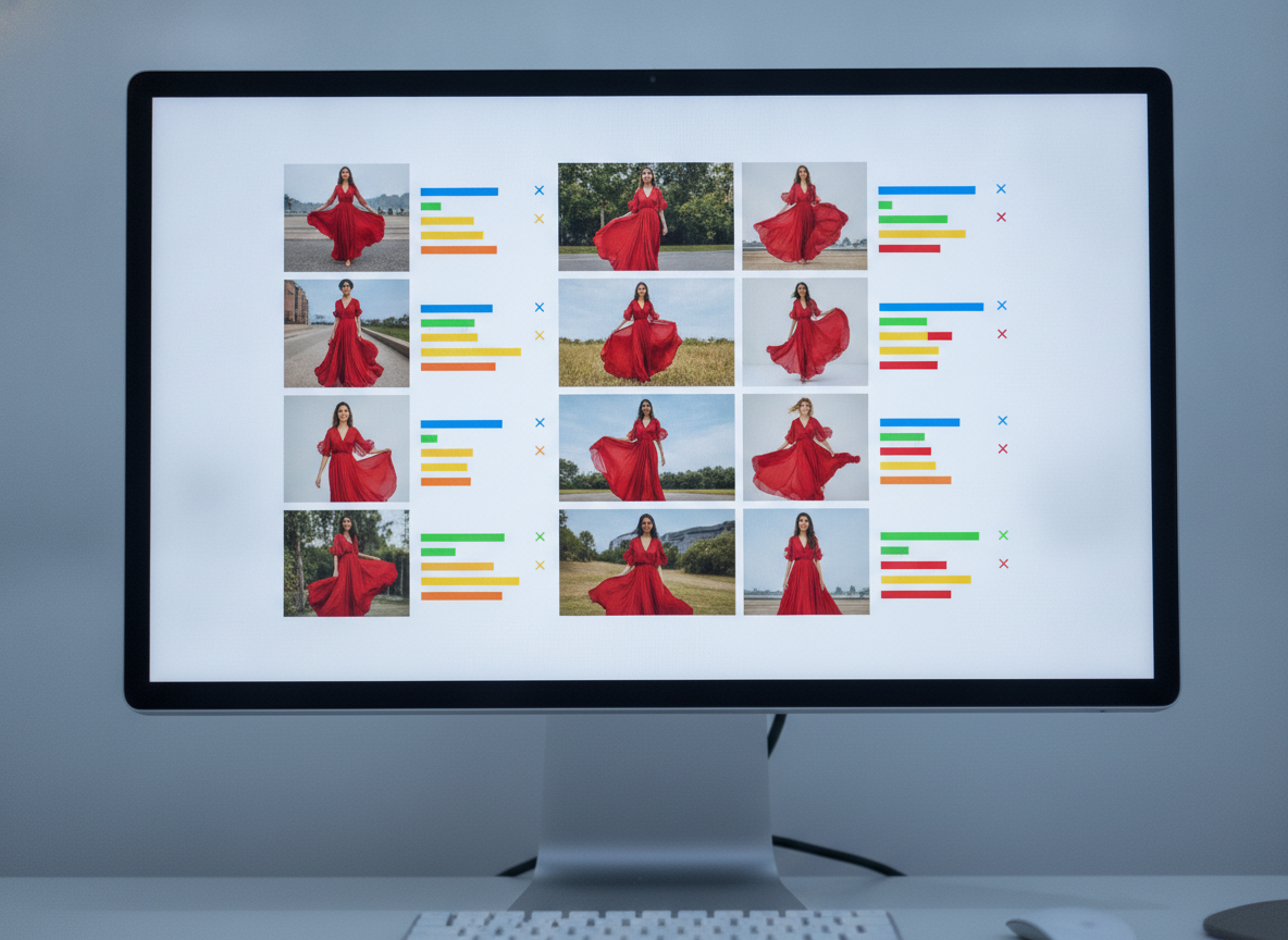 A dashboard showing various fashion ad creatives and their performance metrics for detecting Meta ads creative fatigue.
