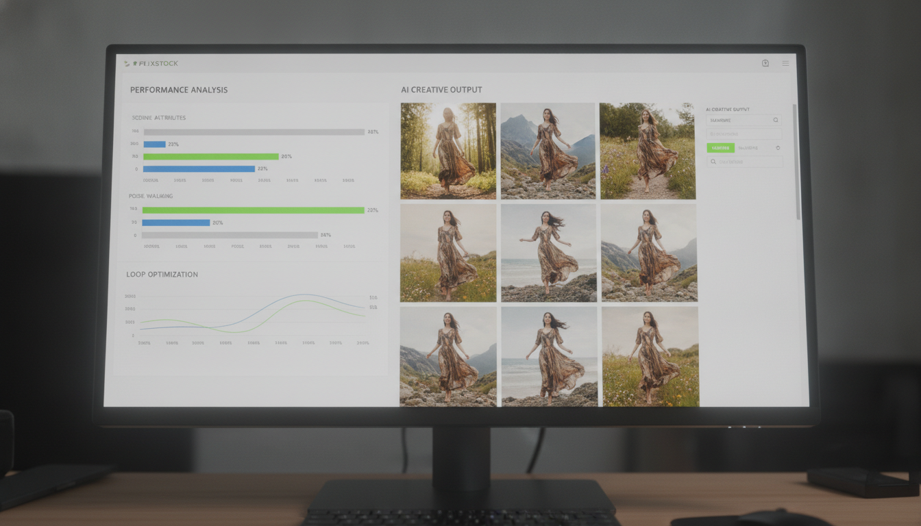 A split screen showing Performance Loop analysis on the left and FlixStock AI image generation on the right, demonstrating the creative learning loop.