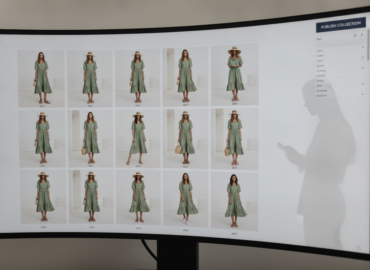 Fashion merchandiser reviewing AI on-model imagery of a green linen dress