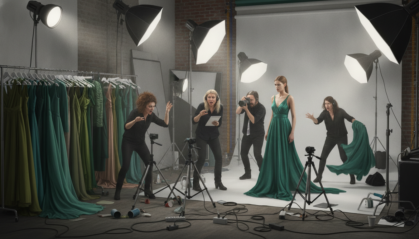 A busy traditional fashion photoshoot demonstrating logistical complexity
