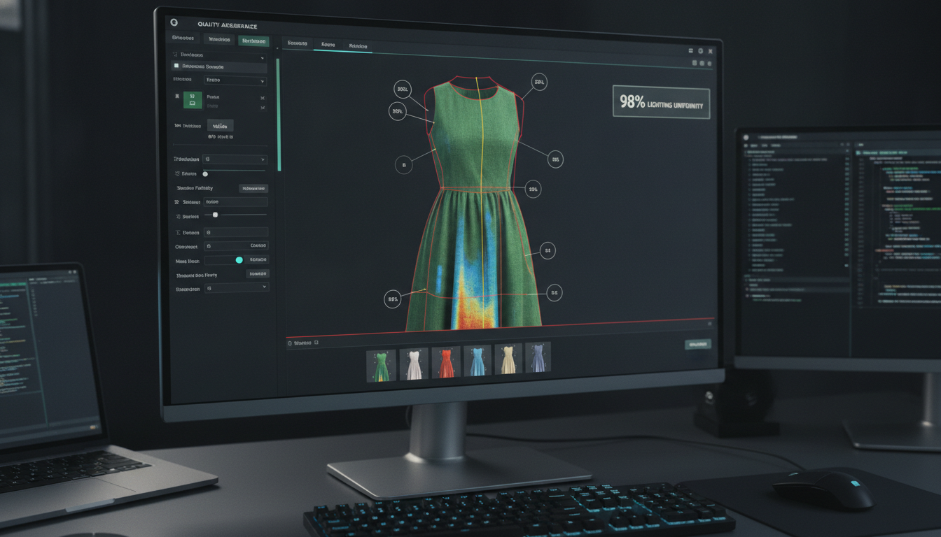 QA dashboard checking fabric drape and lighting on an AI-generated fashion image