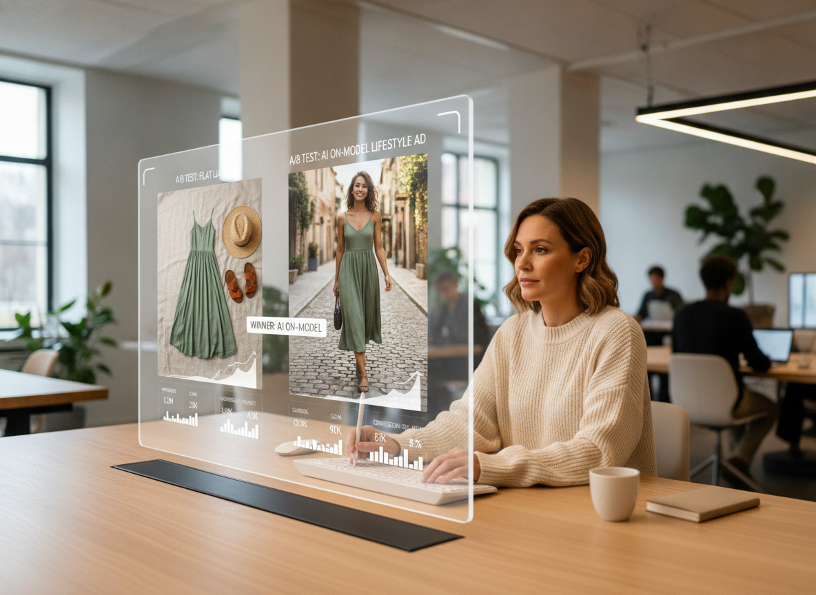 Performance marketer comparing flat lay ads against AI on-model lifestyle ads on a dashboard