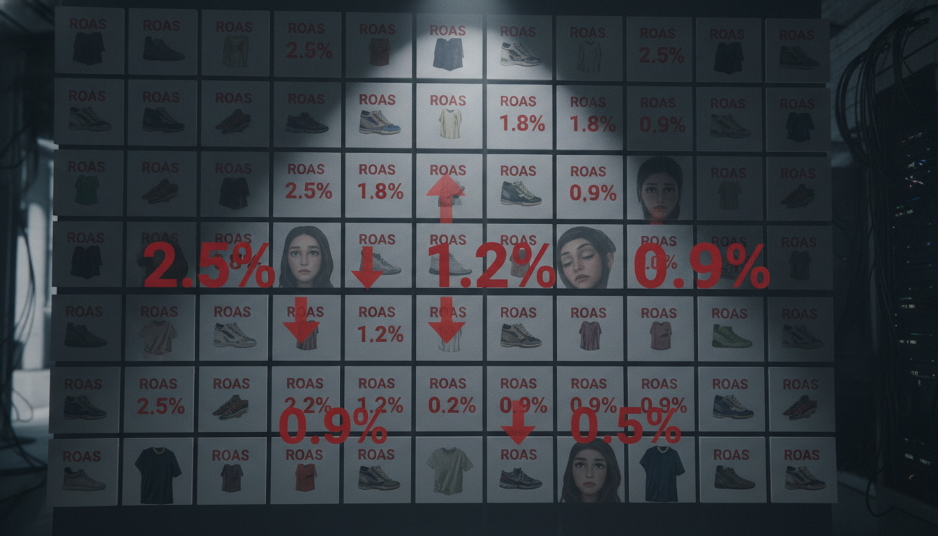 A dashboard showing creative fatigue and declining ROAS from repetitive flat lay ads