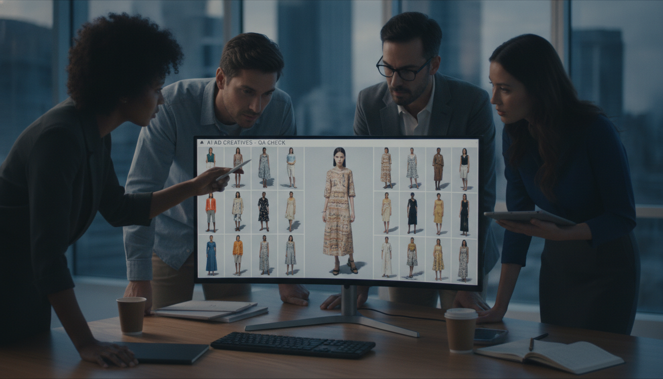 A marketing team QA testing AI generated fashion ads for anatomical accuracy and lighting
