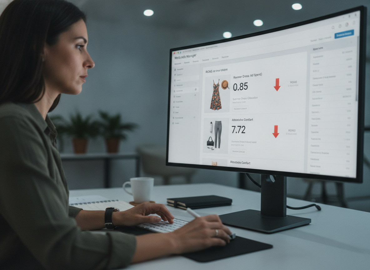 A performance marketer analyzing failing flat lay ad campaigns on a Meta ads dashboard
