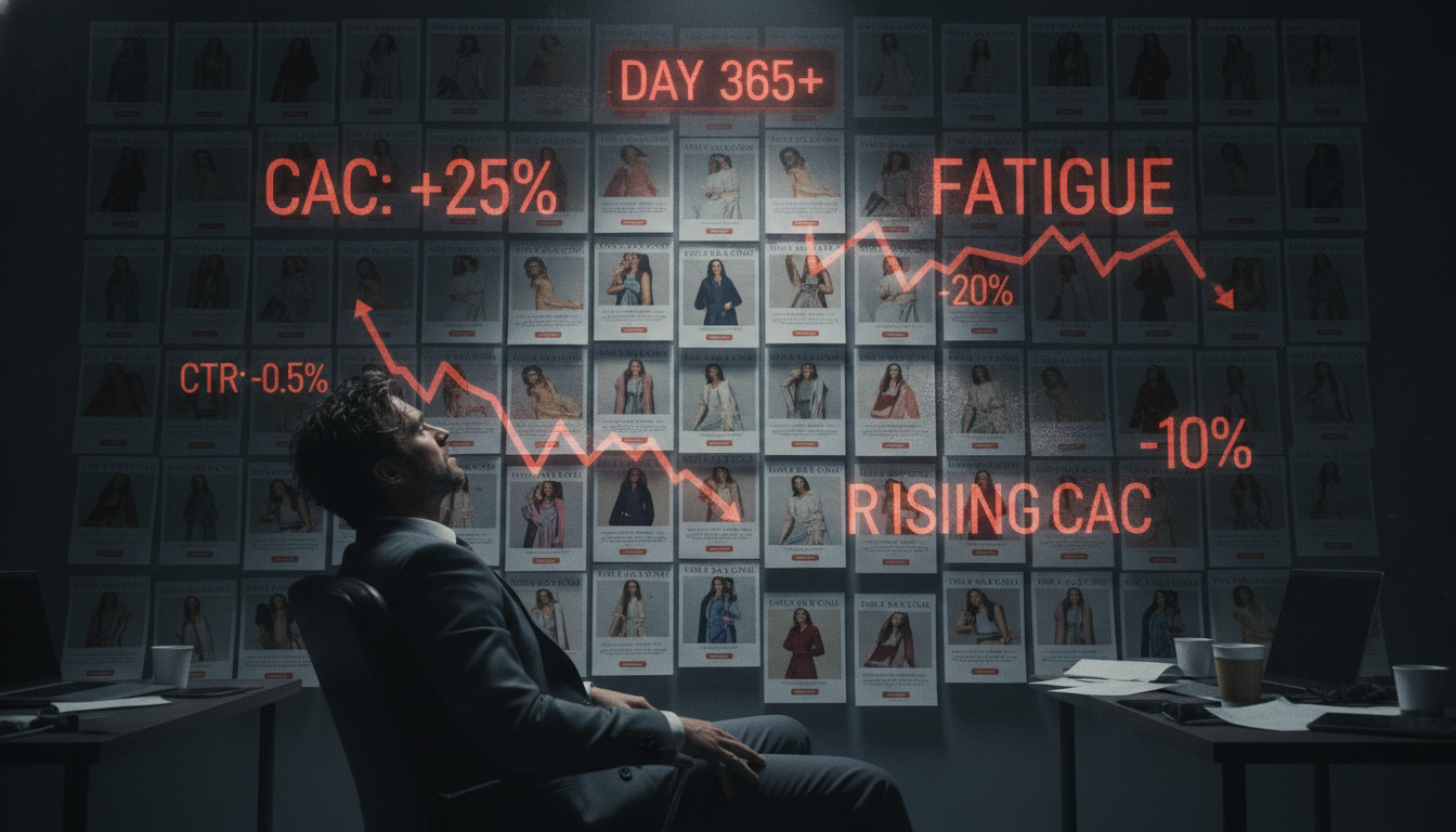 A marketer looking frustrated at a wall of exhausted, fatiguing ad creatives