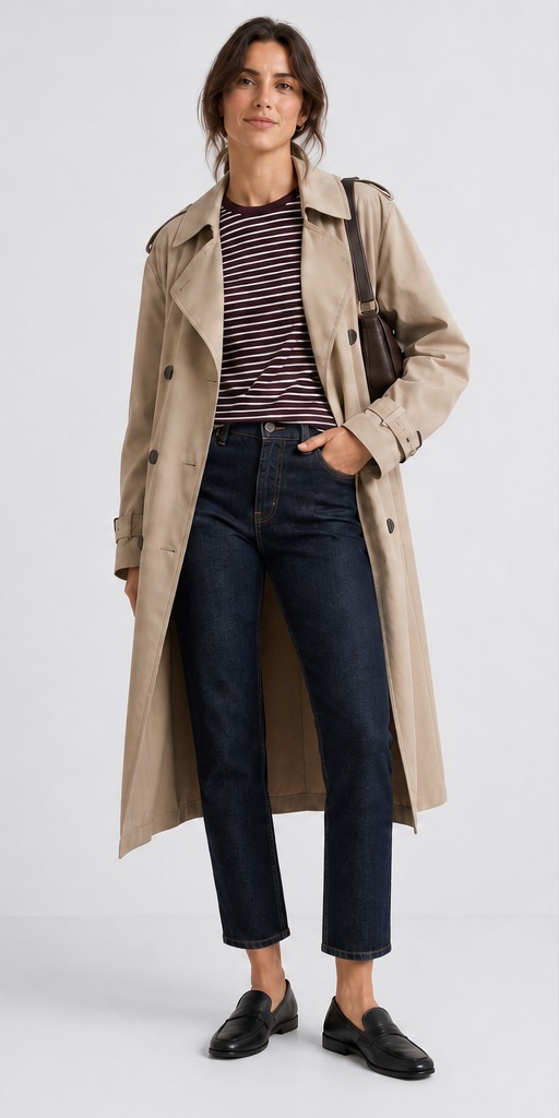 Denmark transitional: striped T-shirt under tan trench coat with dark jeans and loafers