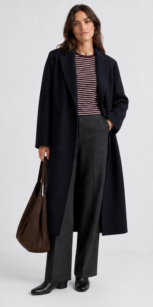 Denmark winter: striped T-shirt under navy wool coat with charcoal pleated trousers