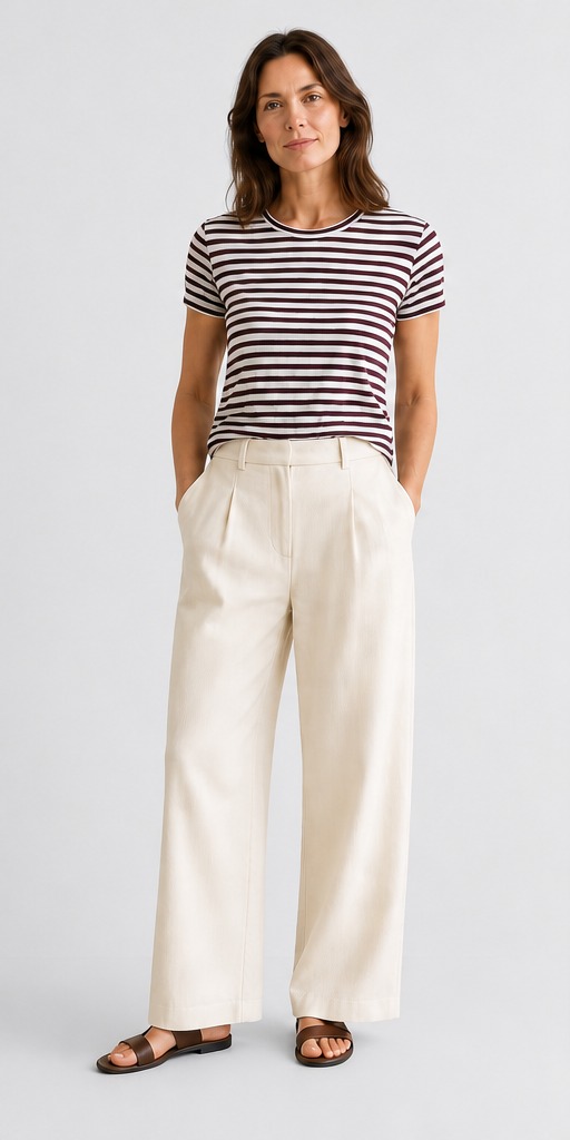 France summer: striped T-shirt with cream wide-leg trousers and brown slide sandals