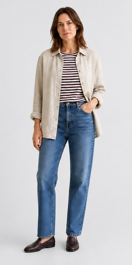 France transitional: striped T-shirt under linen shirt with straight jeans and loafers