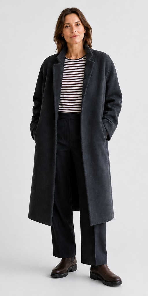 France winter: striped T-shirt under charcoal textured coat with tailored trousers and lug-sole boots