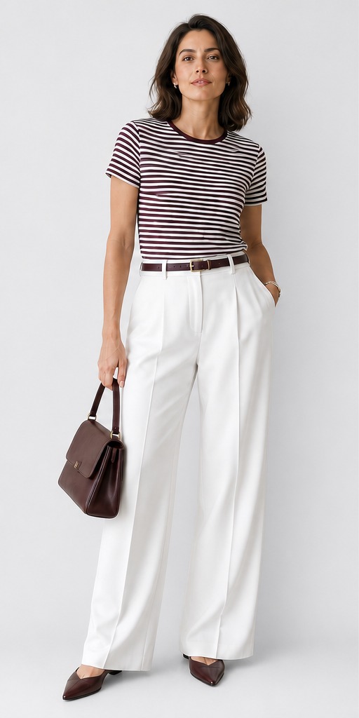 Poland summer: striped T-shirt with white wide-leg trousers, burgundy belt and pointed flats