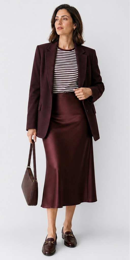 Poland transitional: striped T-shirt under burgundy satin blazer with matching midi skirt